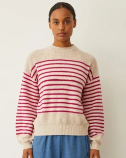 MONROW Wool Cashmere Stripe Sweater OATMEAL/FUCHSIASTRIPE Online
